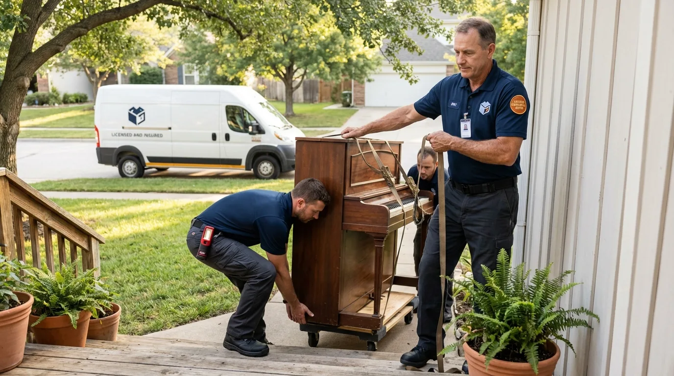 Licensed piano movers securing grand piano in Valentine, NE