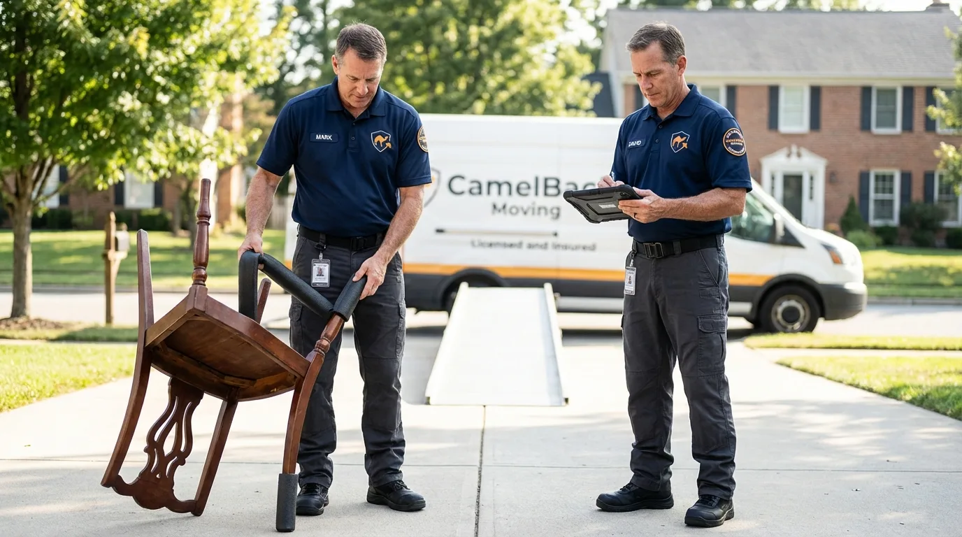Movers inspecting furniture for damage prevention before loading in Valentine, NE