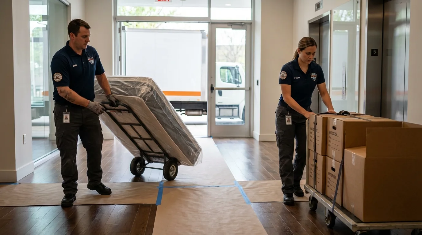 Professional apartment movers loading elevator in Valentine, NE